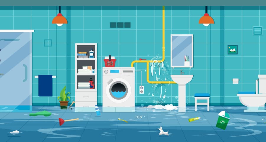 Illustration of bathroom flooding due to a burst pipe